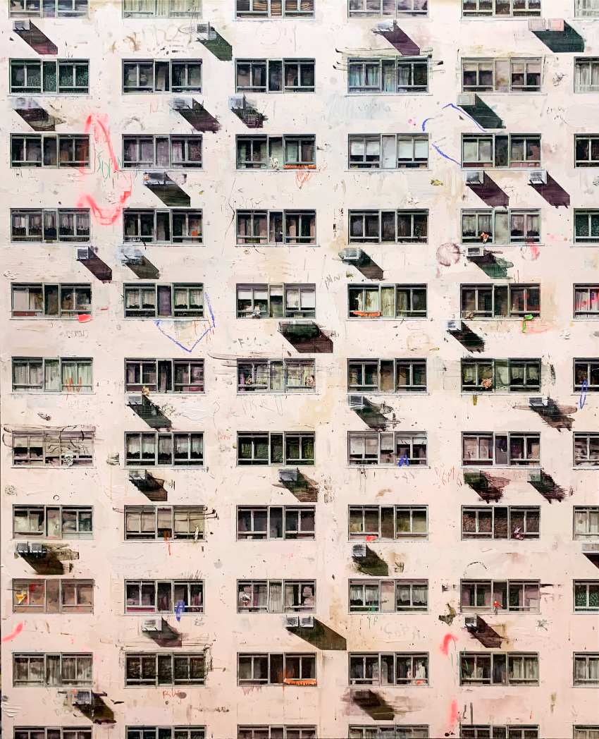 Obra de paisaje contemporáneo en Madrid realizada por Mayor Maestre, combinando elementos urbanos y naturales en un lenguaje pictórico actual.